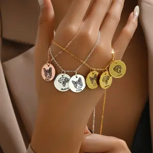 Custom Photo Engraved Stainless Steel Pet Tag Necklace| 18K Gold Plated Round Disc Pendant| Personalized Memorial Jewelry