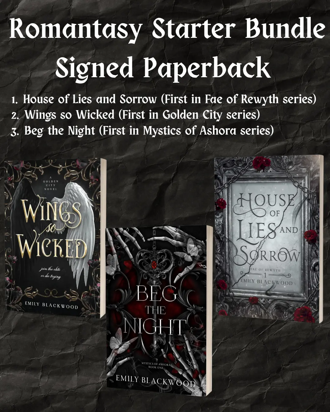 Signed Romantasy Starter Bundle: Wings So Wicked, House of Lies and Sorrow, Beg the Night - Fantasy Romance Starter Novels