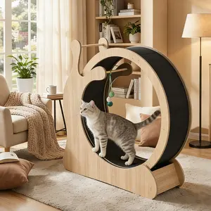 Wooden Cat Exercise Wheel for Indoor Large Cats – Quiet TPE Rollers, Sisal Scratcher Pad, Interactive Toys, Anti-Slip Design, Storage Shelf – Grey Oak, 85cm Inner Diameter
