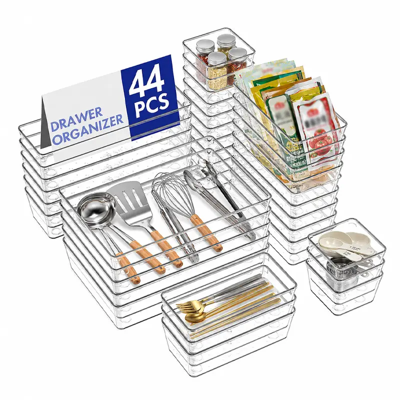 25 44 60 PCS Multi‑Quantity Clear Plastic Drawer Divider Organizer With Anti‑Slip Bottom, Interlockable Storage Trays In Various Counts, Perfect For Kitchen Tableware Arrangement, Condiment Packet Sorting And Household Drawer Daily Item Tidy Up Bin Boxes
