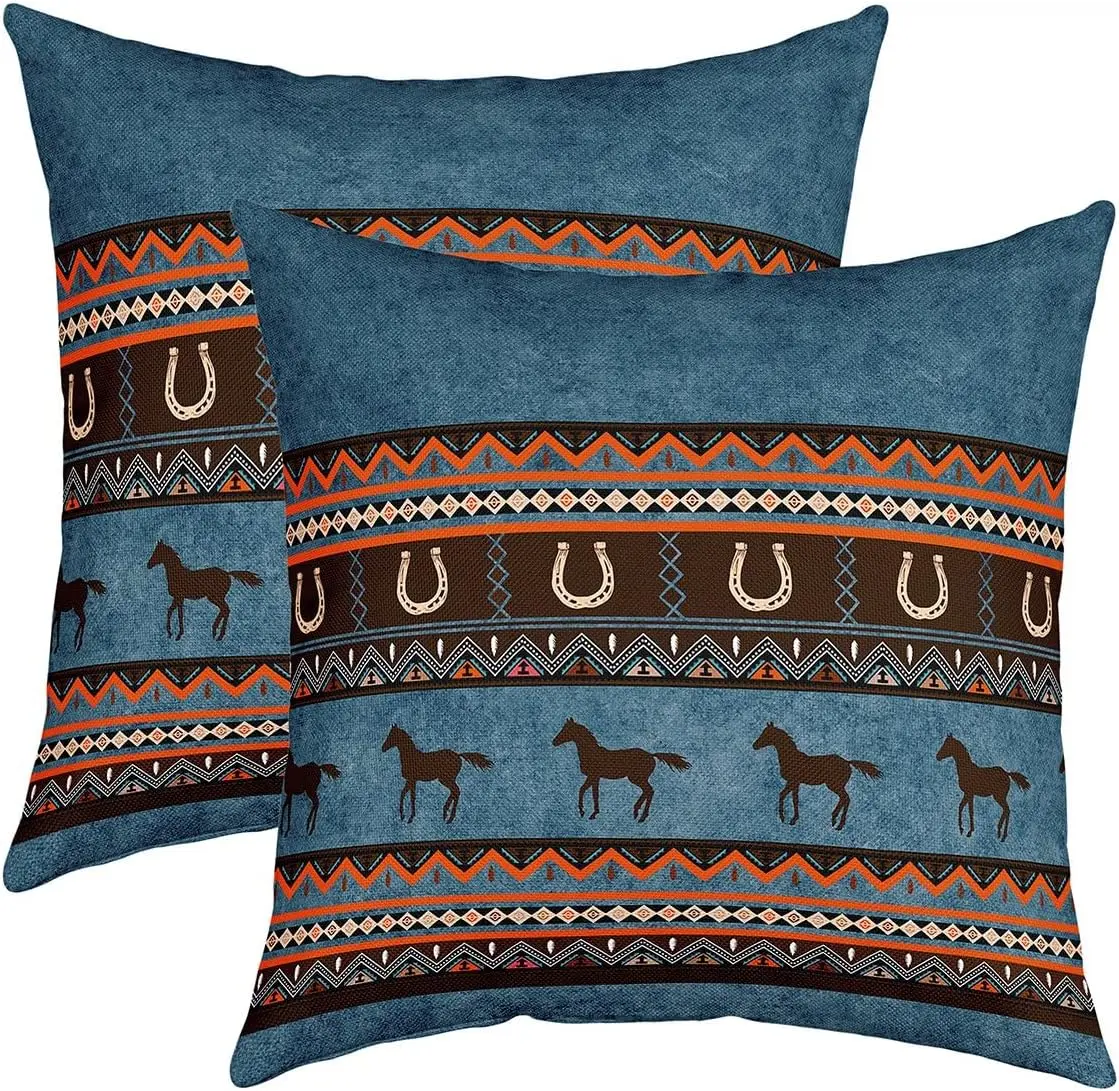 Feelyou 18in x 18in 2-Piece Set Horse Cushion Covers - Soft Southwestern Double-Sided Colorful Synthetic Western Cowboy Vintage Throw Covers, Machine Washable for Couch, Bedroom Decor, Two Piece Set