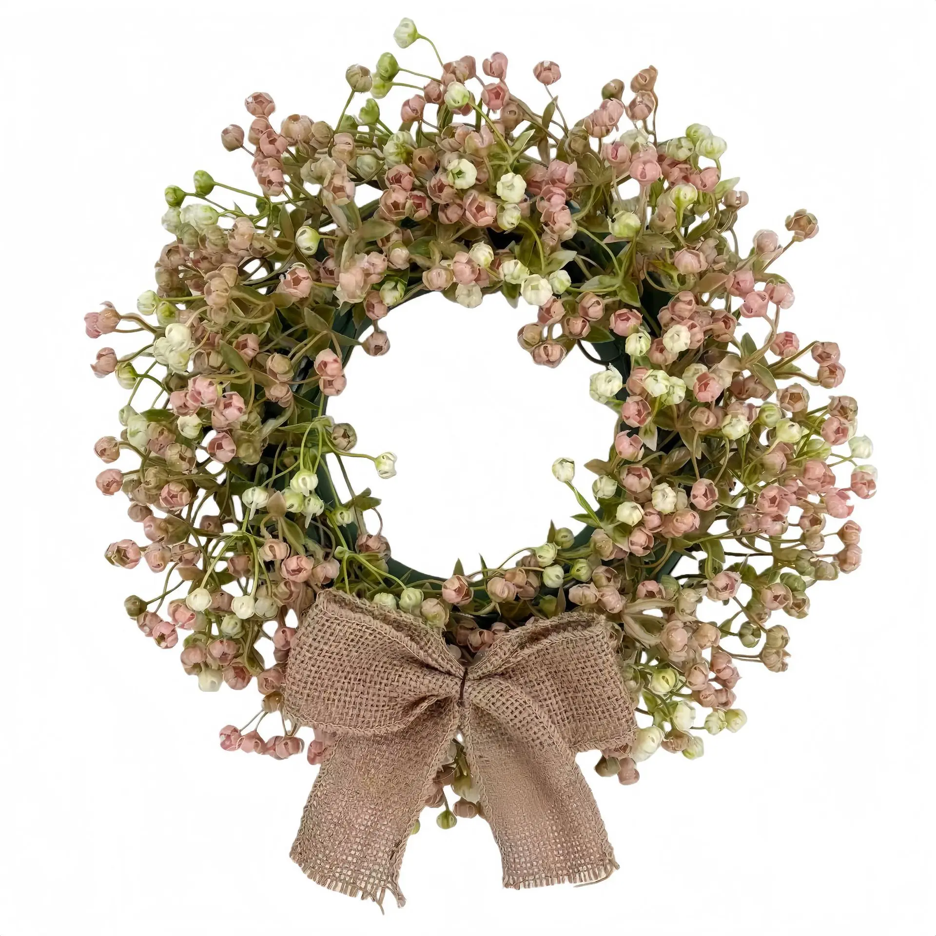 Artificial Pink Baby Breath Wreath with Burlap Bow Spring Front Door Floral Wreath Decor Rustic Pastel Flower Wreath Farmhouse Burlap