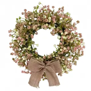 Artificial Pink Baby Breath Wreath with Burlap Bow Spring Front Door Floral Wreath Decor Rustic Pastel Flower Wreath Farmhouse Burlap