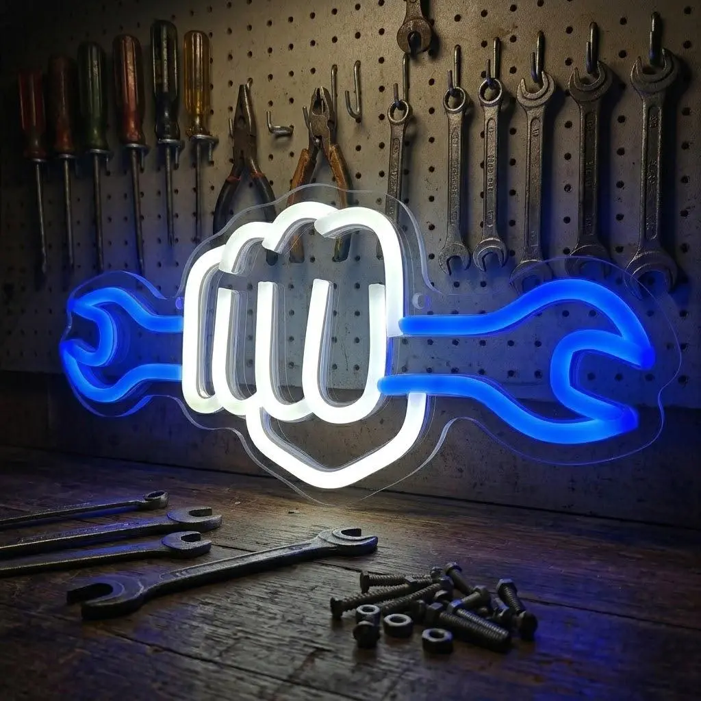 LED Wrench Fist Neon Sign - 0-5 W Ultimate Wall Decoration for Garage, Mechanical Repair Shop, Father's Day Gift for Adult Car Enthusiasts