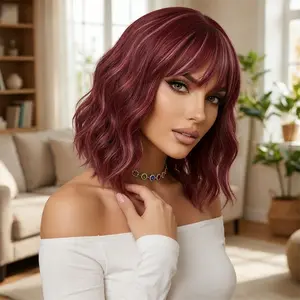 14 Inch Burgundy Wavy Wig with Soft Bangs – Natural Look Synthetic Hair