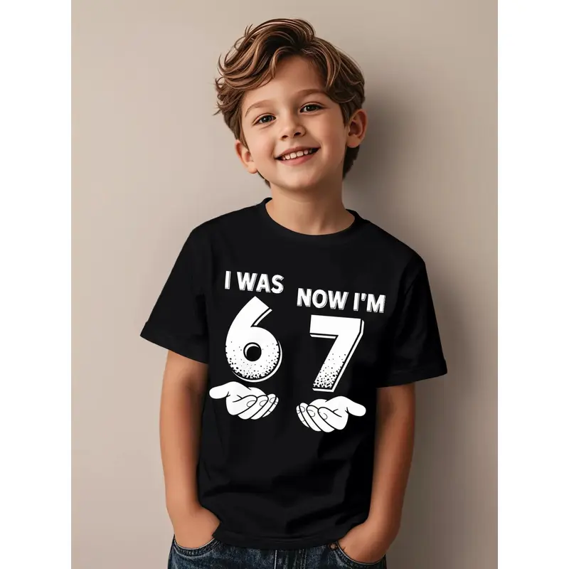 Boys' Soft 100% Cotton Fitted Modest Short-Sleeve Fashion Printed Shirt - 6-7Y Milestone Tee, 120(5-6Y) Kids' Streetwear Birthday Graphic Tees Print Top