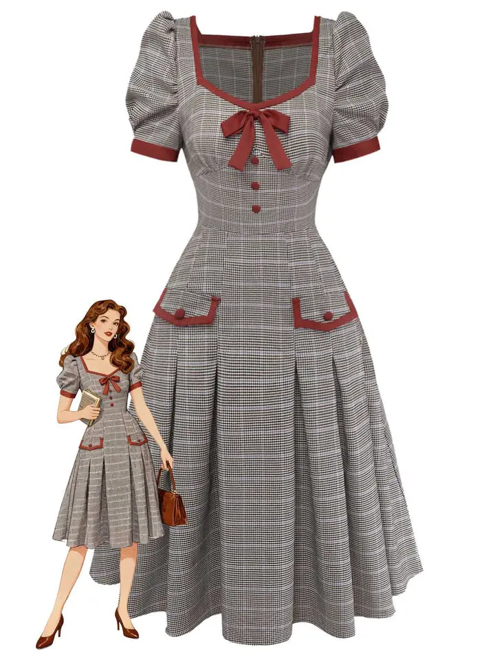Brown 1950s Bow Houndstooth Pleated Dress Falloutfit Fallfashion Backtoschool