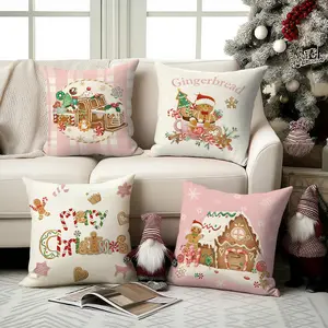 4pcs Merry Christmas Pillowcase, Candy Blessing Pink Gingerbread House Pattern Pillow Cover, Gingerbread Truck Afternoon Tea Single sided Printed Sofa Cushion Cover, Home Sofa Decoration, Christmas Decorations (without Pillow Core)
