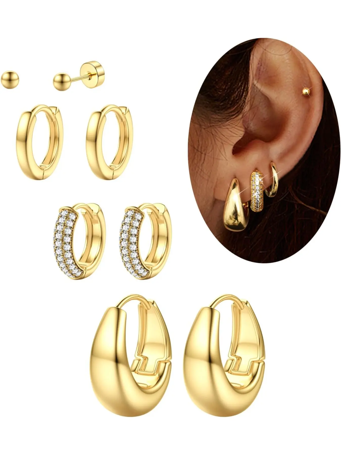 Small Chunky Gold Hoop Earrings for Women Stud Earrings Jewelry Hypoallergenic - Gold Silver Hoop Earring Stacks Non Tarnish 14K Gold Plated Flat Back Huggie Hoop Earring Sets for Multiple Piercing Lightweight 4Pairs