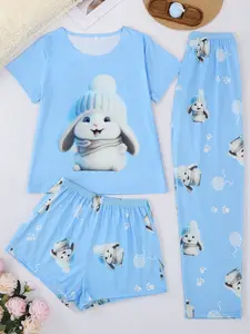 Women's 3-Piece Sleepwear Pajama Set, Casual Round Neck Short Sleeve Top, Shorts and Pants, Cartoon Rabbit Print, All Seasons Wear, Pyjamas