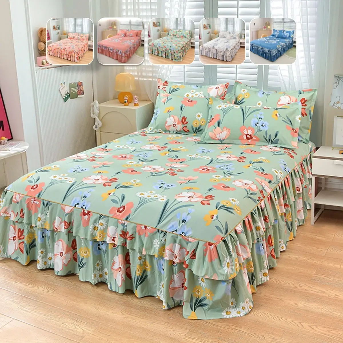 2/3pcs Floral Bed Skirt and Mattress Protector Set, Modern Plaid Design, Soft Breathable Fabric, Non-Slip Elastic, Ideal for Bedroom & Apartment