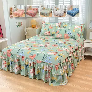 2/3pcs Floral Bed Skirt and Mattress Protector Set, Modern Plaid Design, Soft Breathable Fabric, Non-Slip Elastic, Ideal for Bedroom & Apartment