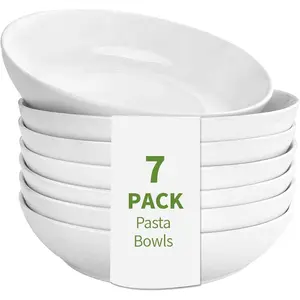 7 Pack Porcelain Pasta Bowls Ceramic , Large Serving Bowl, Wide and Shallow, Set 8.3 Inch - 30 Ounce - for Pasta, Salad, Cereal, Soup & Microwave & Dishwasher Safe