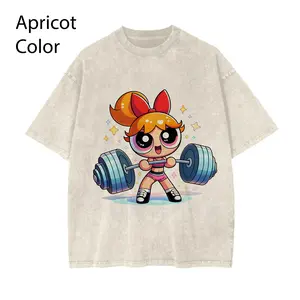 Powerpuff Gym Girl Shirt, Cute Cartoon Workout Tee, Kawaii Fitness Graphic T-Shirt, Apricot Vintage Washed Shirt, Y2K Aesthetic Streetwear, Strong Girl Gym Outfit Gift