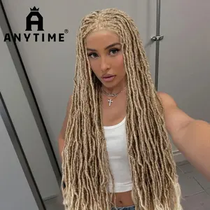 Anytime Hair 36inch long Gradient gold handmade long braided wig, lace forehead design—realistic hairline, soft textured dreadlocks, 180% volume.