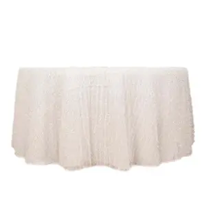 Polyester 120" Round Tablecloth White with Shaggy Fringe Design - Exquisite Table Cover