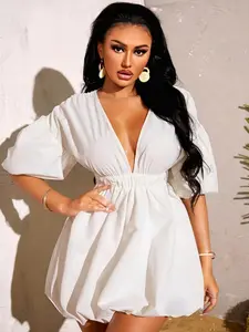 Summer New Deep V Neck Cute Bubble Sleeve Waist Cinch Slimming Sexy Cake Puff Skirt B5069, Casual Wear Fitted Womenswear Dress for Spring & Fall