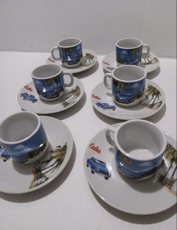 Cuban Coffee Set 12 Pieces - 6 Cups & 6 Plates with Classic Vintage Car Design and Palm Trees