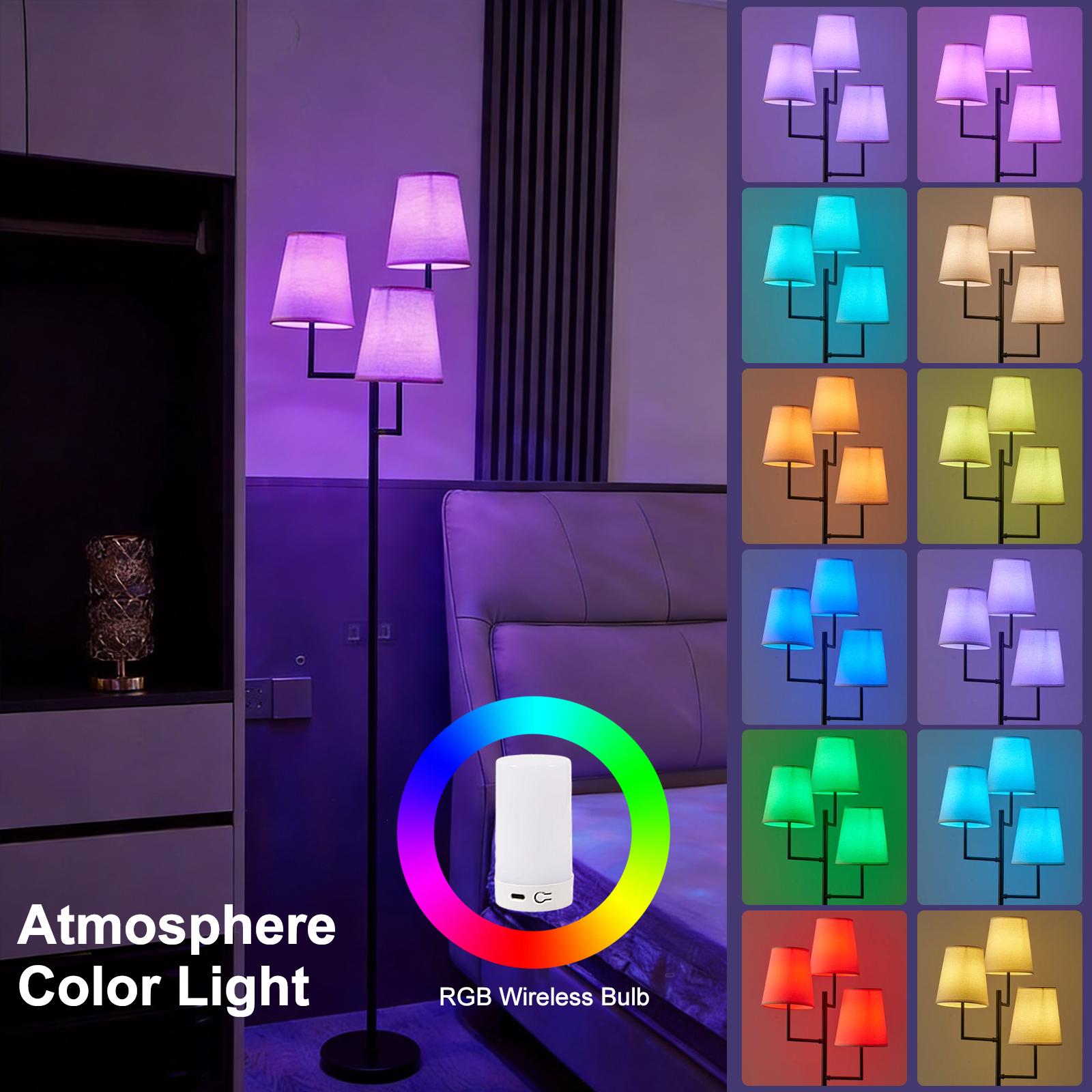 Elegant Wireless RGB Floor Lamp with Fabric Shades – Rechargeable 3-Head Standing Light with Multi-Color Changing, Dimmable Brightness & Remote Control for Bedroom, Living Room or Cozy Home Decor