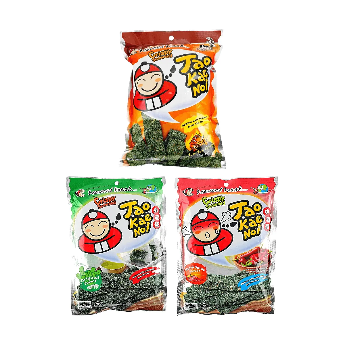 3 Pack TAO KAE NOI Thai Crispy Seaweed - Tom Yum + Original + Hot Spicy 2.96 oz, Crunchy Nori Chips