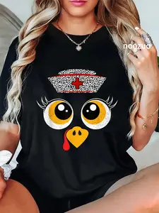 100% Cotton Thanksgiving Scrub Tops Women Turkey Face Nurse Holiday T-Shirt