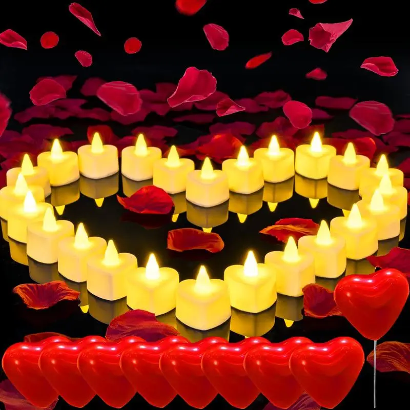 Romantic Night For Her Set, 2000Pcs Artificial Rose Petals | 42Pcs Balloon Sets | 24Pcs Battery Candles, Heart Tea Lights Candles for Romantic Night, Valentine, Wedding, Anniversary Table Decorations halloween decor Bathroom