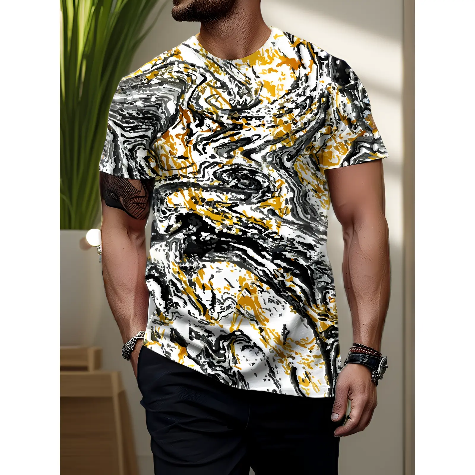 Men's High-Quality Geometric Marble Pattern 3D All-Over Print Crew Neck Short Sleeve T-Shirt - Summer Travel Casual Sport Top, Holiday Gift, Machine Washable, Do Not Dry Clean