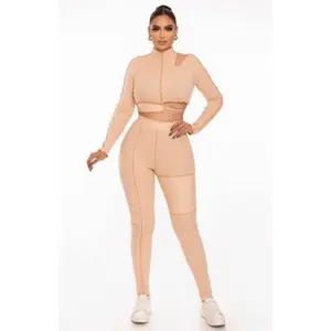Lina Long Sleeve Cropped Top With Hight Waist Matching Legging Set-Nude