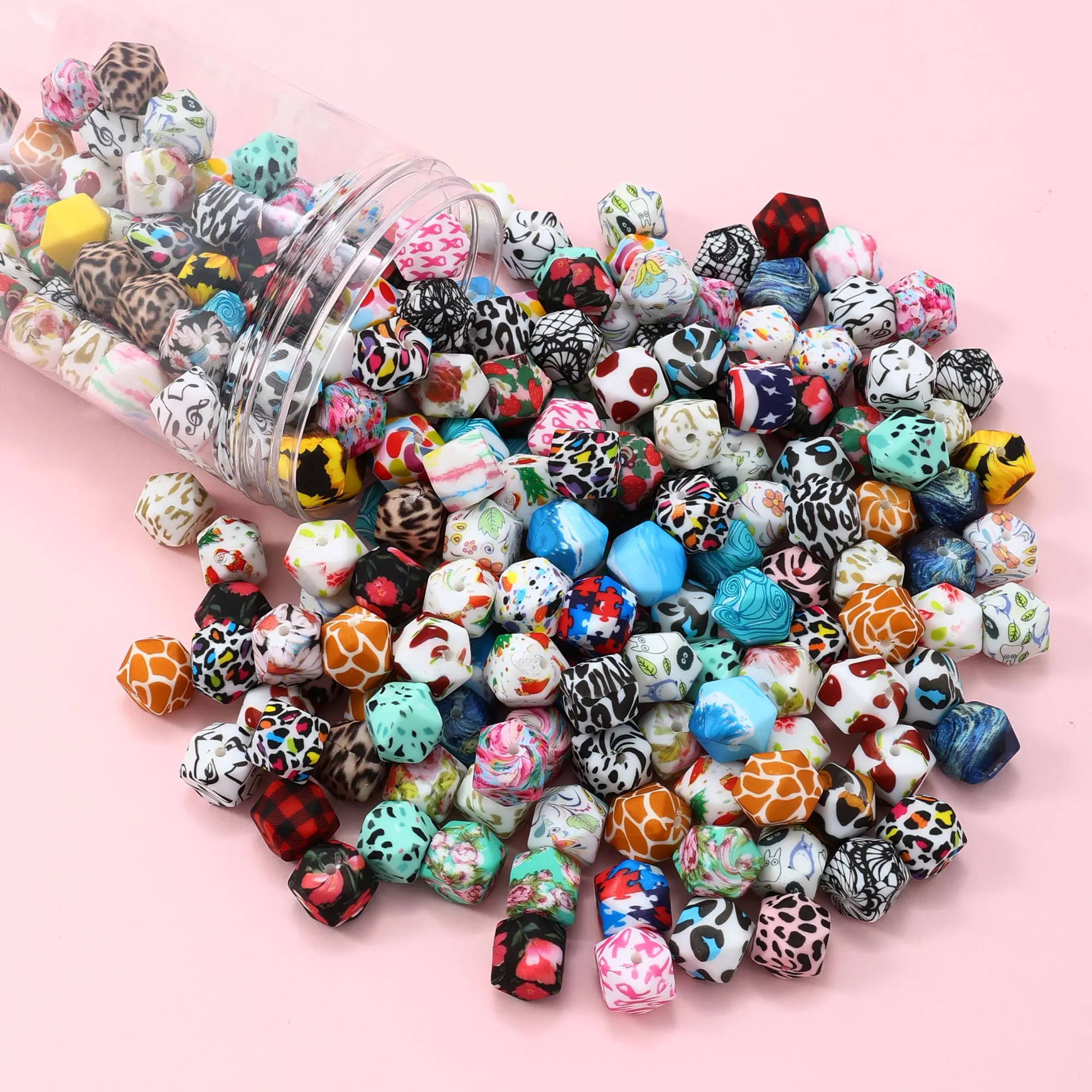 50-piece set, 14mm hexagonal silicone beads with random color designs, including silicone and agate beads. Ideal for DIY keychains, bracelets, and necklace making., Colorful Strands & Bead Assortments