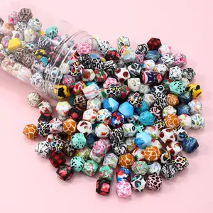 50-piece set, 14mm hexagonal silicone beads with random color designs, including silicone and agate beads. Ideal for DIY keychains, bracelets, and necklace making.