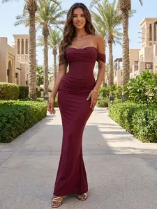 CurvySweet Women's Off The Shoulder Bodycon Corset Ruched Mesh Maxi Dress Built-in Bra Fall Cocktail Wedding Guest Dresses