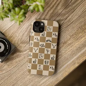 Cute Western Phone Case Cowboy Phone Case Cowgirl Phone Case Country Boho Phone Case Brown Checker, Tough Phone Case for iPhone
