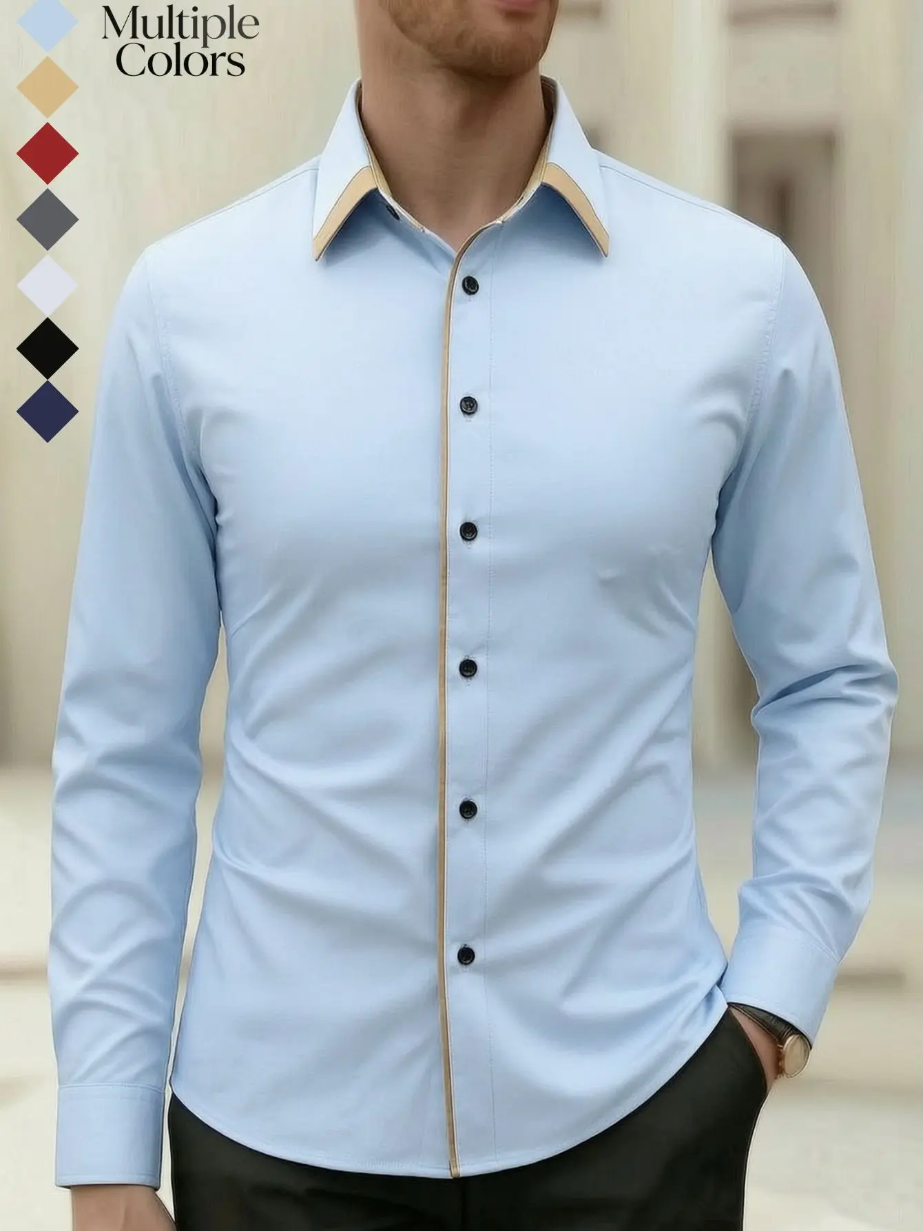 Men’s long-sleeve shirt with a turn-down collar and contrast piping, featuring refined line detailing and a slim fit—light business casual style.