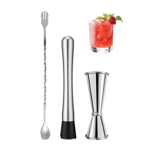 3 Pcs Muddler for Cocktails Set 10inch Muddler 12inch Cocktail Spoon & 1 OZ/2 OZ Double Jigger Mixing Tool Set, Stainless Steel Silver Bar Tool Set for Beverages Drinks Mixing Home Bar - Home Improvement.