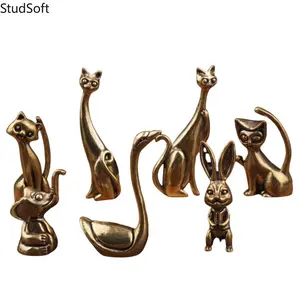 2026 New Mini Brass Animal Figurine Set, Vintage Cat Rabbit Elephant Swan Statues, Cute Desktop Ornaments for Home Office Tea Pet Decor, Perfect Gift for Animal Lovers