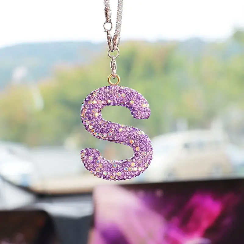 Lady Car Decor Letter Pendant, Rainbow Color Rearview Mirror Cute Crystal Charm, Lucky Gift Teen Diamond Rhinestone Pendant, Car Hanging Decoration, Car Ornaments, Car Accessories Cute