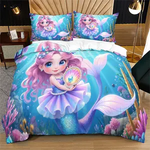 Cartoon Little Mermaid Princess Pattern Duvet Cover Set,bedroom decoration gift suitable for Kids,girls,and boys,including 1 duvet cover and 1 or 2 pillowcases (excluding quilt and pillow inserts)