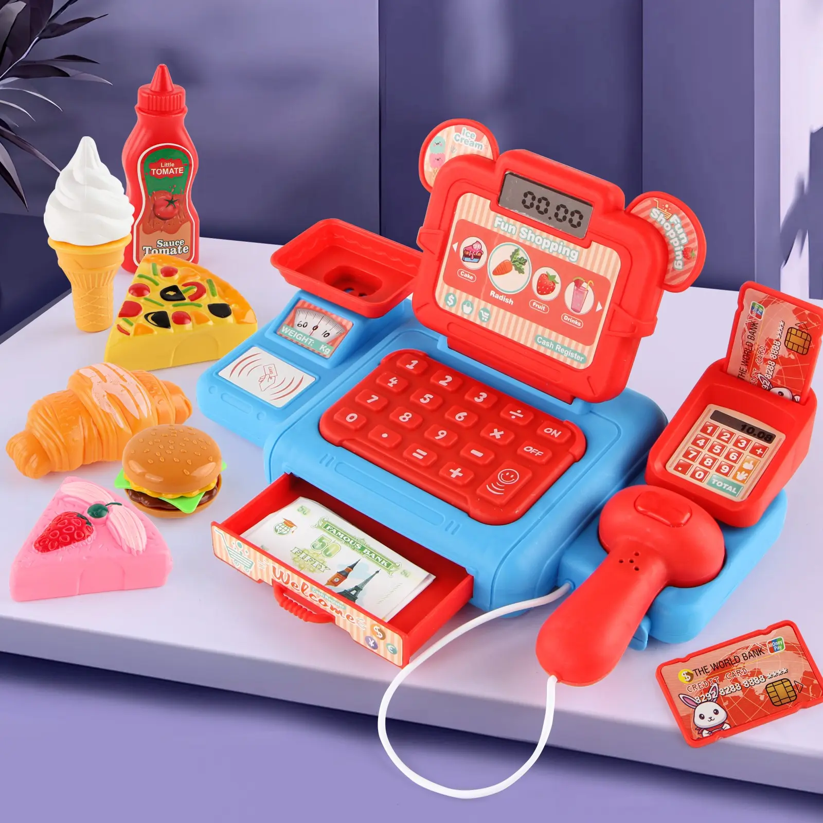 Realistic Cash Register Toy Set, Supermarket Checkout Machine, Role Play Food Grocery Store Toys, Grocery Store Playset, Kids Pretend Play Equipment