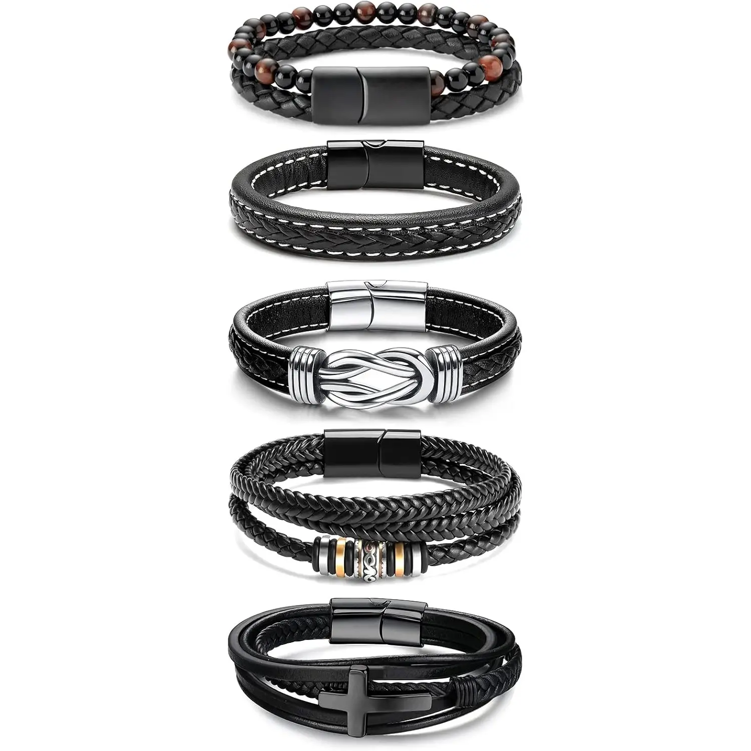Black Leather Bracelets for Men Women 5pcs Mens Bracelet Leather and Steel Braided Cuff Bracelets