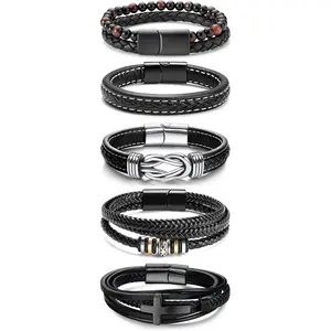 Black Leather Bracelets for Men Women 5pcs Mens Bracelet Leather and Steel Braided Cuff Bracelets