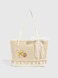 Fresh and artistic atmosphere, fashionable woven Straw tote bag, decorated with starfish and shell patterns, lace bow, shell tassel, large capacity practical texture shoulder bag, suitable for commuting/vacation/going out