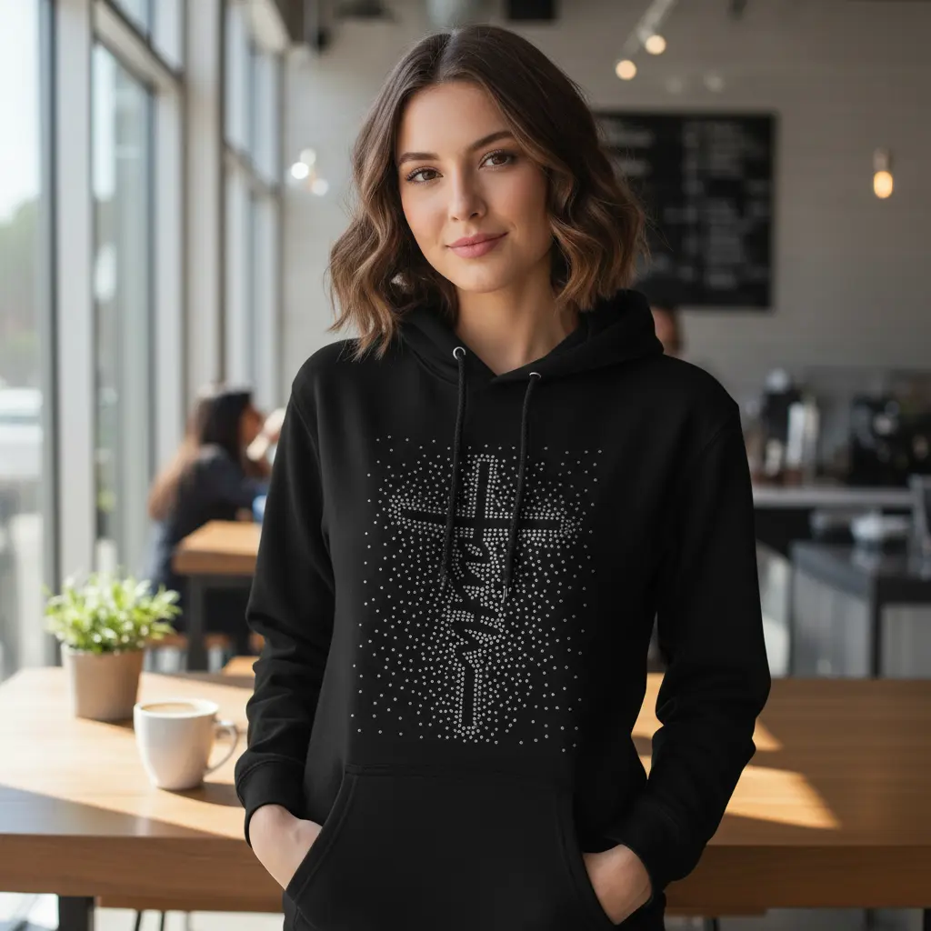 Faith Women's Hoodie - Black Rhinestone Cross Design, Soft High-Quality Fabric, Perfect for Casual Outings & Everyday Wear - Womenswear