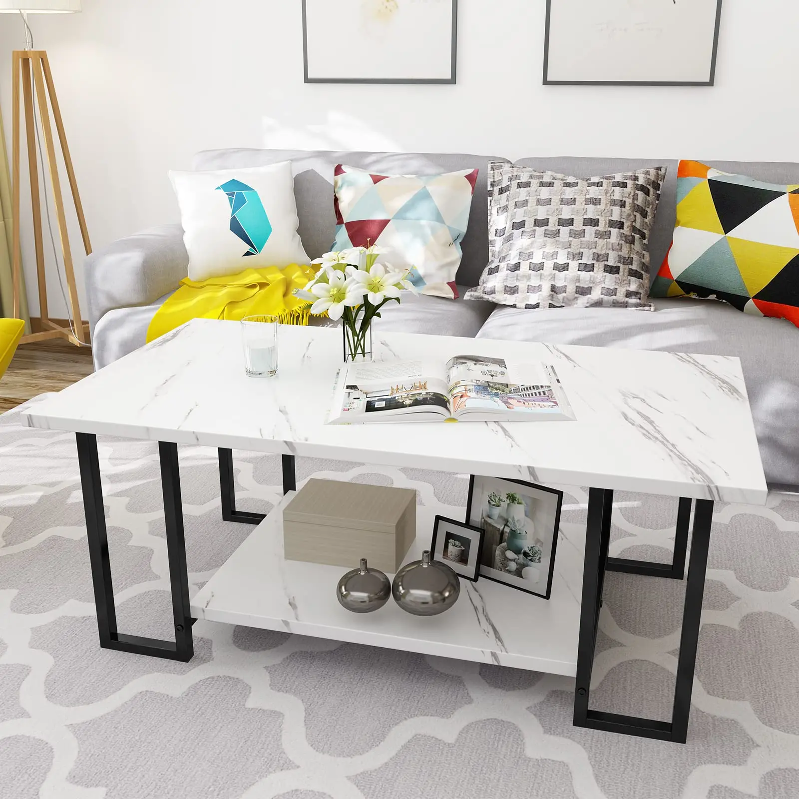 Lamerge Marble Coffee Table, Faux Marble Top Rectangular Coffee Table with Black Metal Frame, 2 Tier Living Room Table for Living Room, Office, Balcony