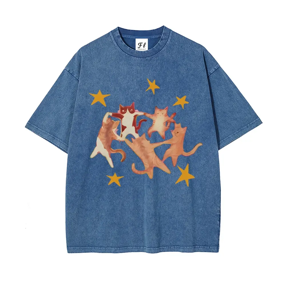 Unisex Starry Cats Illustration Art Pattern Washed Vintage T-Shirt - Cute Cartoon Cats T-Shirt ,Retro Streetwear Aesthetic Wash Cotton Shirt