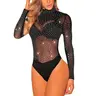 UEOIOW Women's Rhinestone Sheer Mesh Bodysuit - Long Sleeve Mock Neck, Skinny Form-Fitting, See Through Sparkly Flattering Top, Stretchy Unlined, Women's Halloween Concert Date Night Clubwear for Vegas