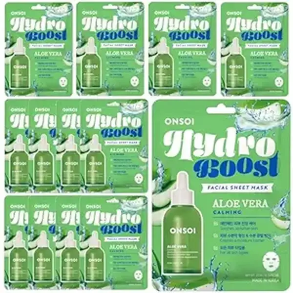 ONSIO Hydro Boost Aloe Vera Calming Face Masks - 12 Pack, 50ml Each, Korean Skincare Formula for Hydrating & Soothing, Gentle on Sensitive Skin, No Harsh Chemicals
