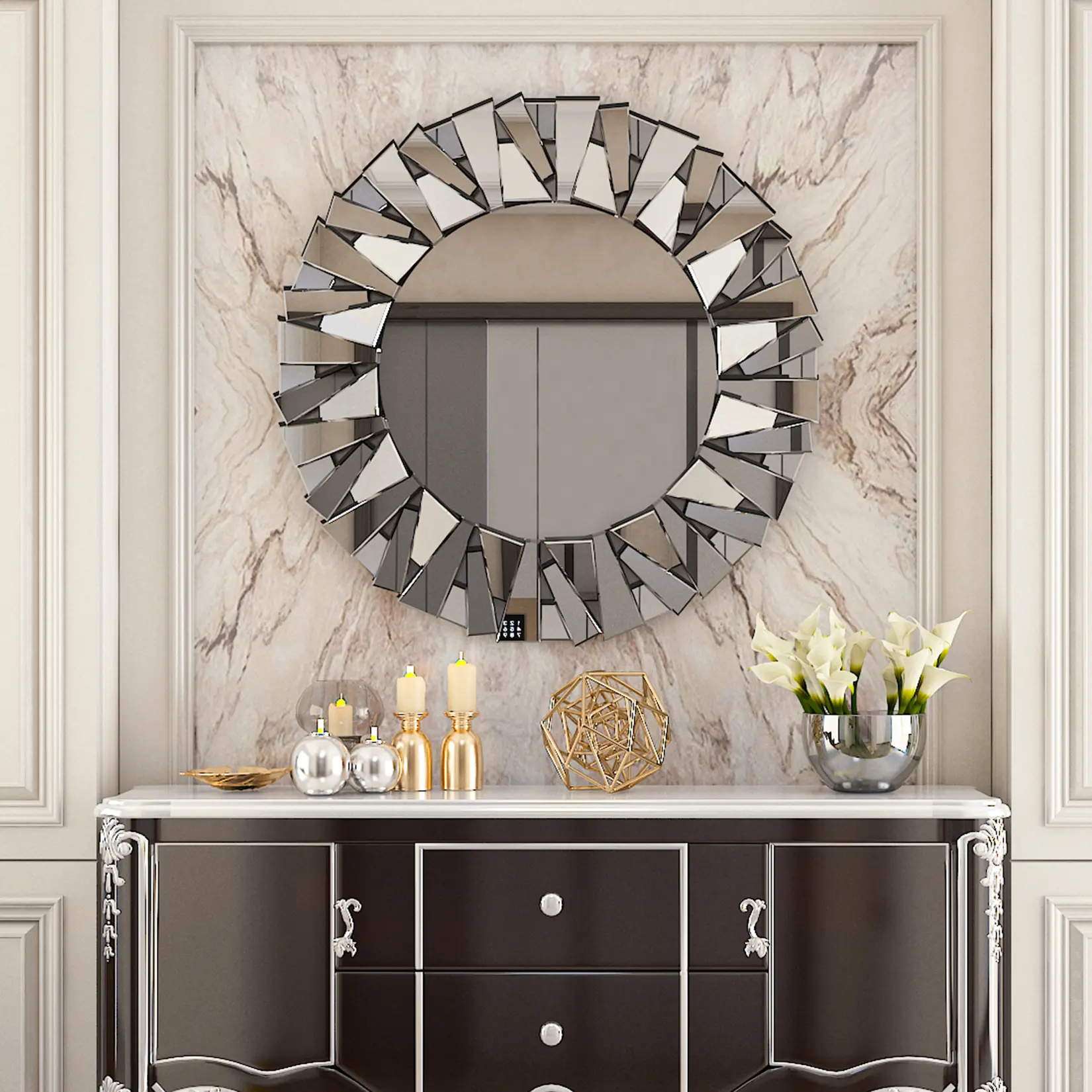 Glam Round Sunburst Silver MDF Decorative Mirror Art - Wall-Mounted Glass Decor with Easy Installation