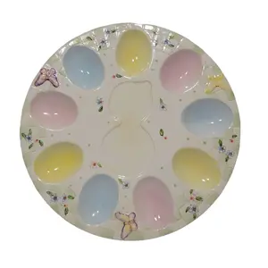 Ceramic Easter Deviled Egg Serving Plate, Floral, Embossed Butterfly, Gingham Pattern, Pastel Color Egg Platter, Seasonal Home Decor