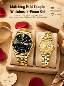 Couple Watches Set, Roman Numerals, Independent Date Display, Night Light, Stainless Steel, Waterproof, Business Style, Gift Idea