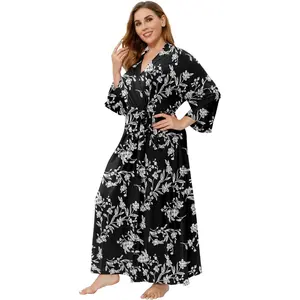 Women's Plus Size Cotton Kimono Robes Soft Long Knit Bathrobes Lightweight Sleepwear V-Neck Ladies LoungewearGift